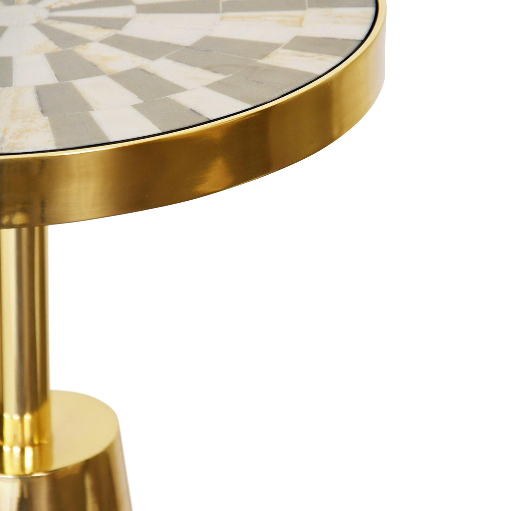 Worlds Away TAPERED BRASS SIDE TABLE WITH ROUND INLAID RADIAL NATURAL BONE AND RESIN TOP