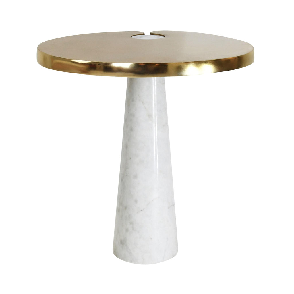 Worlds Away OVAL SIDE TABLE WITH BRASS TOP AND WHITE MARBLE PEDESTAL BASE_x000D__x000D__x000D__x000D__x000D__x000D__x000D_