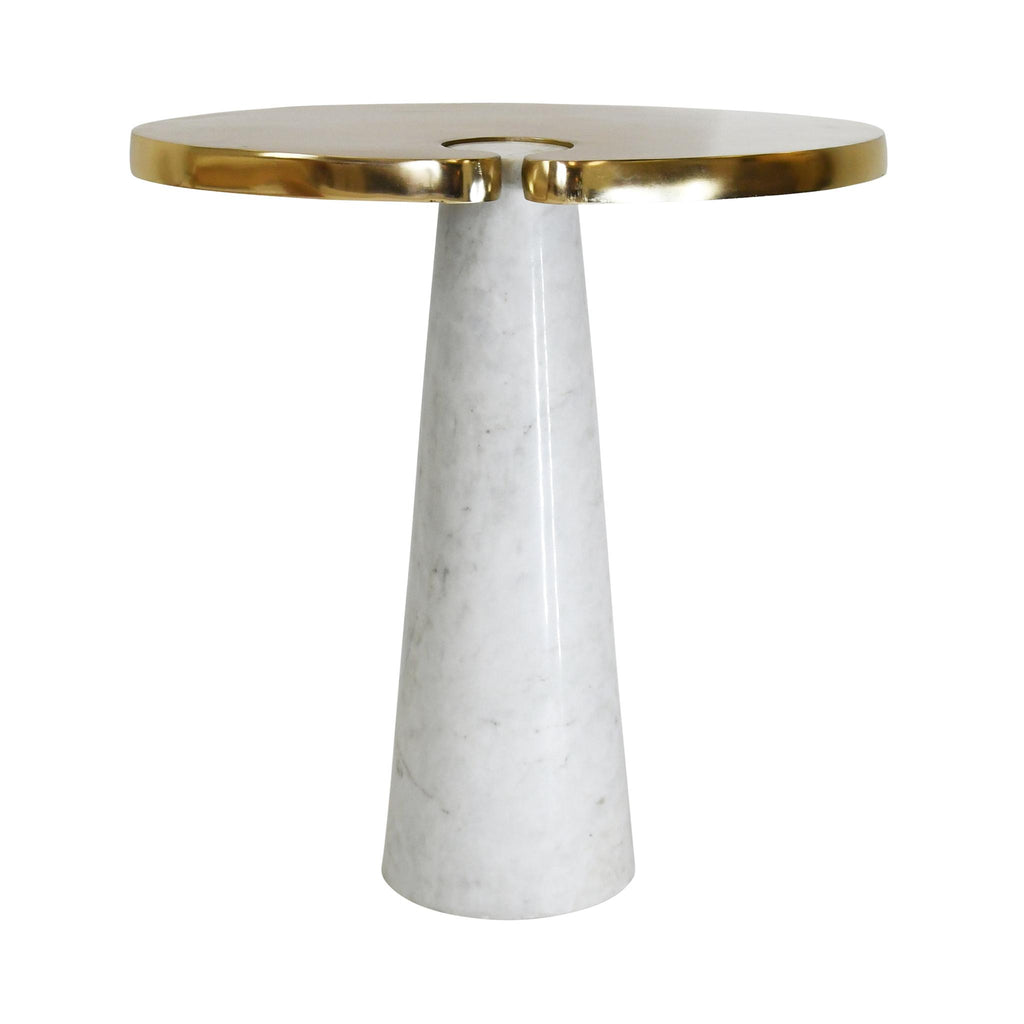 Worlds Away OVAL SIDE TABLE WITH BRASS TOP AND WHITE MARBLE PEDESTAL BASE_x000D__x000D__x000D__x000D__x000D__x000D__x000D_