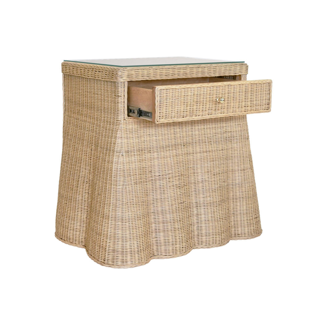 Worlds Away ONE DRAWER RECTANGULAR SIDE TABLE WITH FLARED SCALLOPED BASE IN RATTAN WITH GLASS TOP