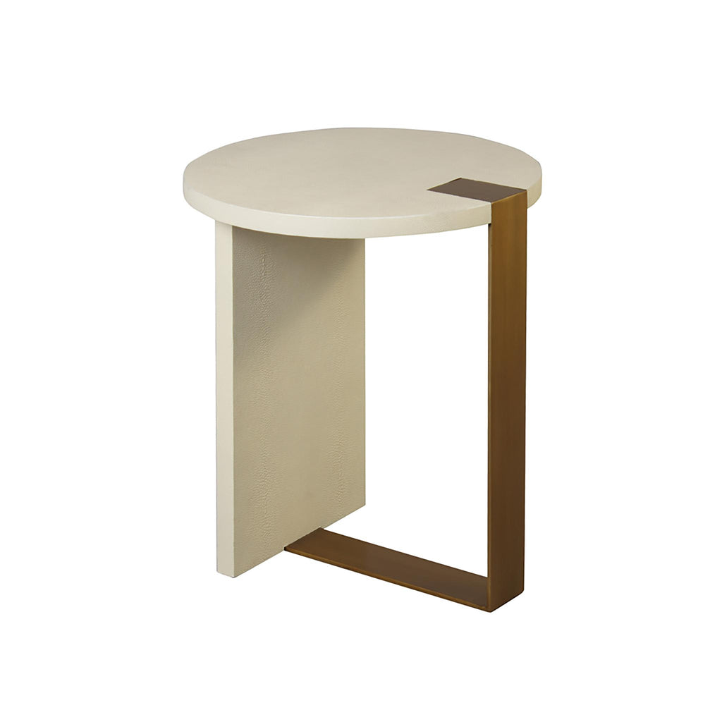 Worlds Away ROUND SIDE TABLE IN ANT BRASS & CREAM FAUX SHAGREEN