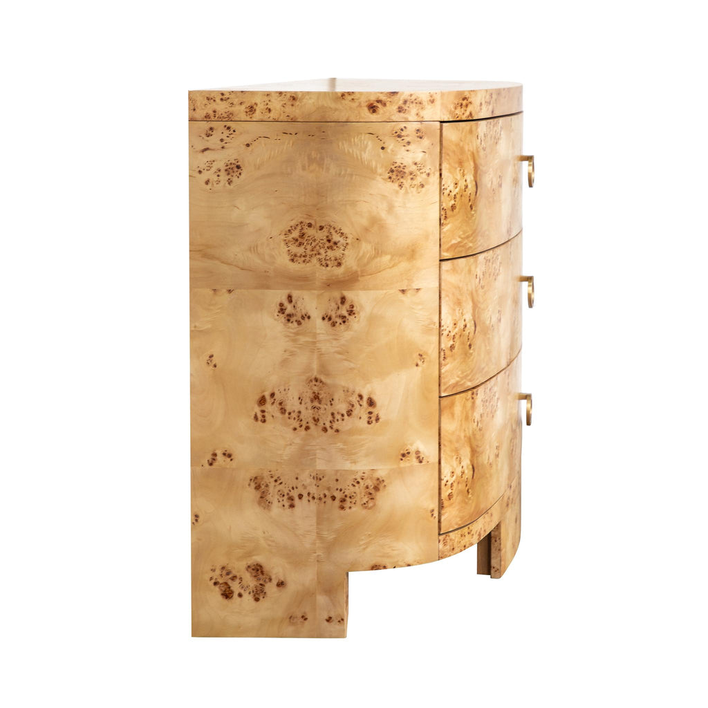 Worlds Away DEMILUNE CHEST WITH THREE DRAWERS IN BURL WOOD_x000D_