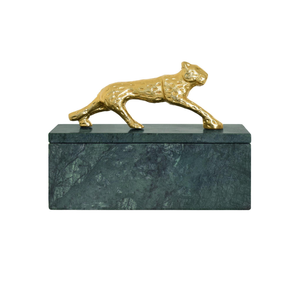 Worlds Away GREEN MARBLE BOX WITH BRASS JAGUAR HANDLE