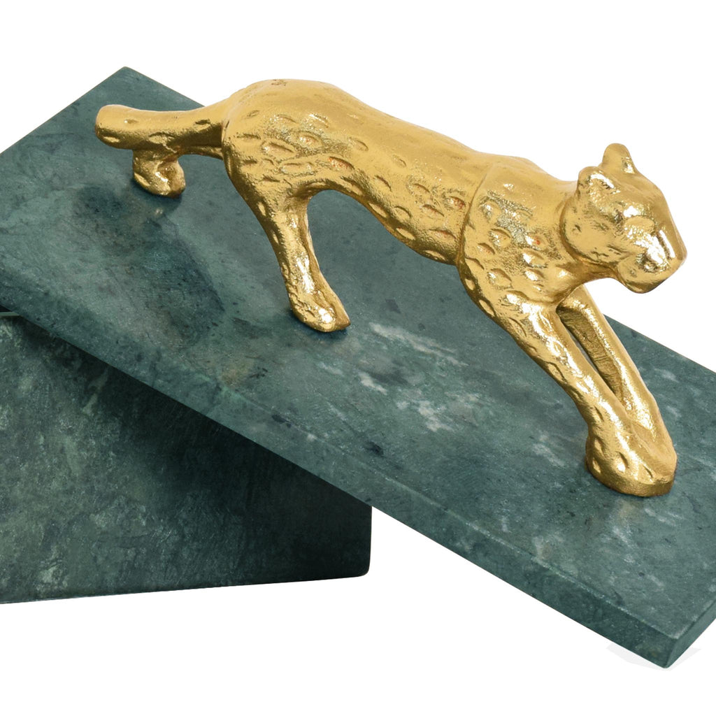 Worlds Away GREEN MARBLE BOX WITH BRASS JAGUAR HANDLE