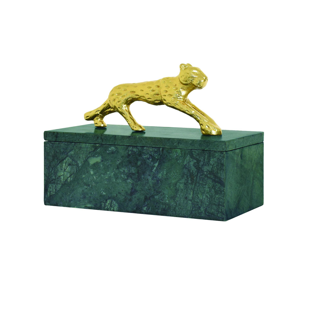 Worlds Away GREEN MARBLE BOX WITH BRASS JAGUAR HANDLE