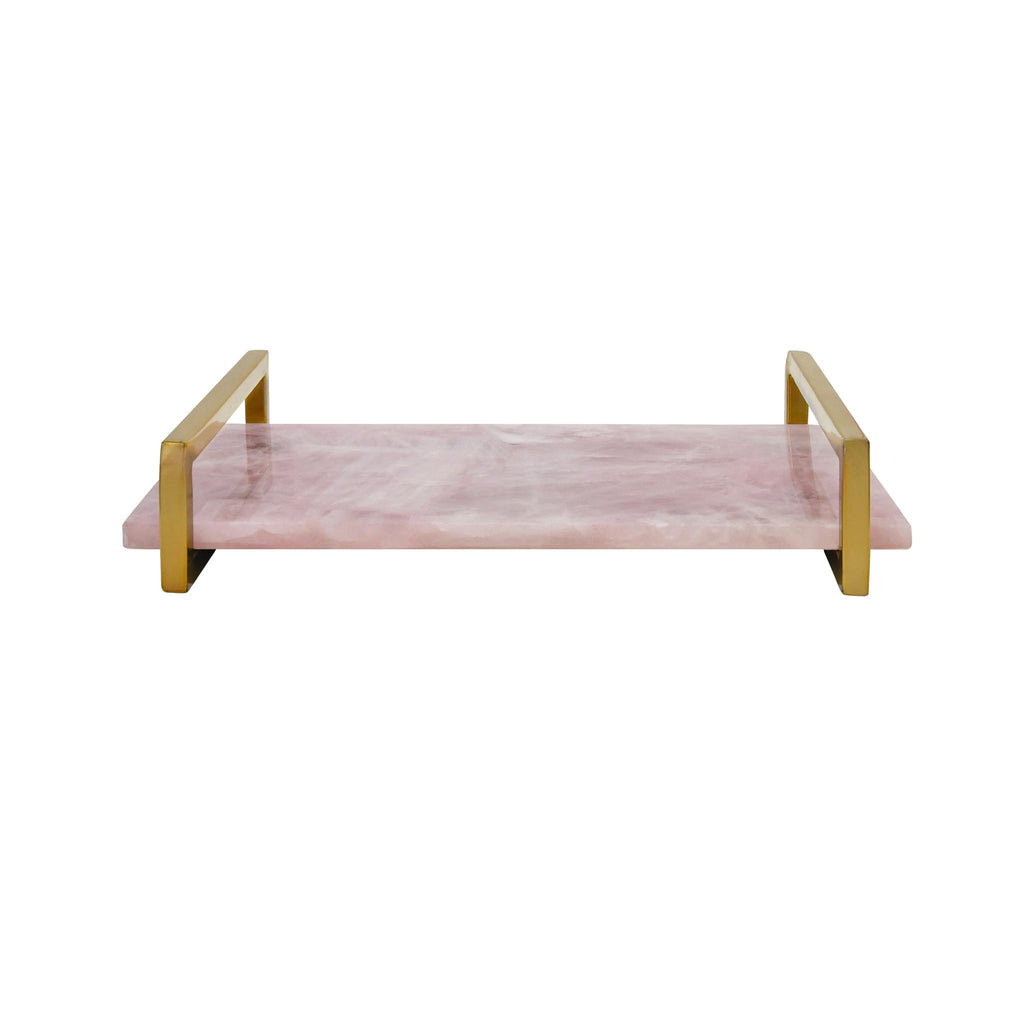 Worlds Away PINK QUARTZ TRAY WITH BRASS HANDLES