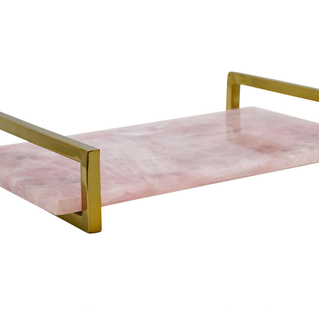 Worlds Away PINK QUARTZ TRAY WITH BRASS HANDLES