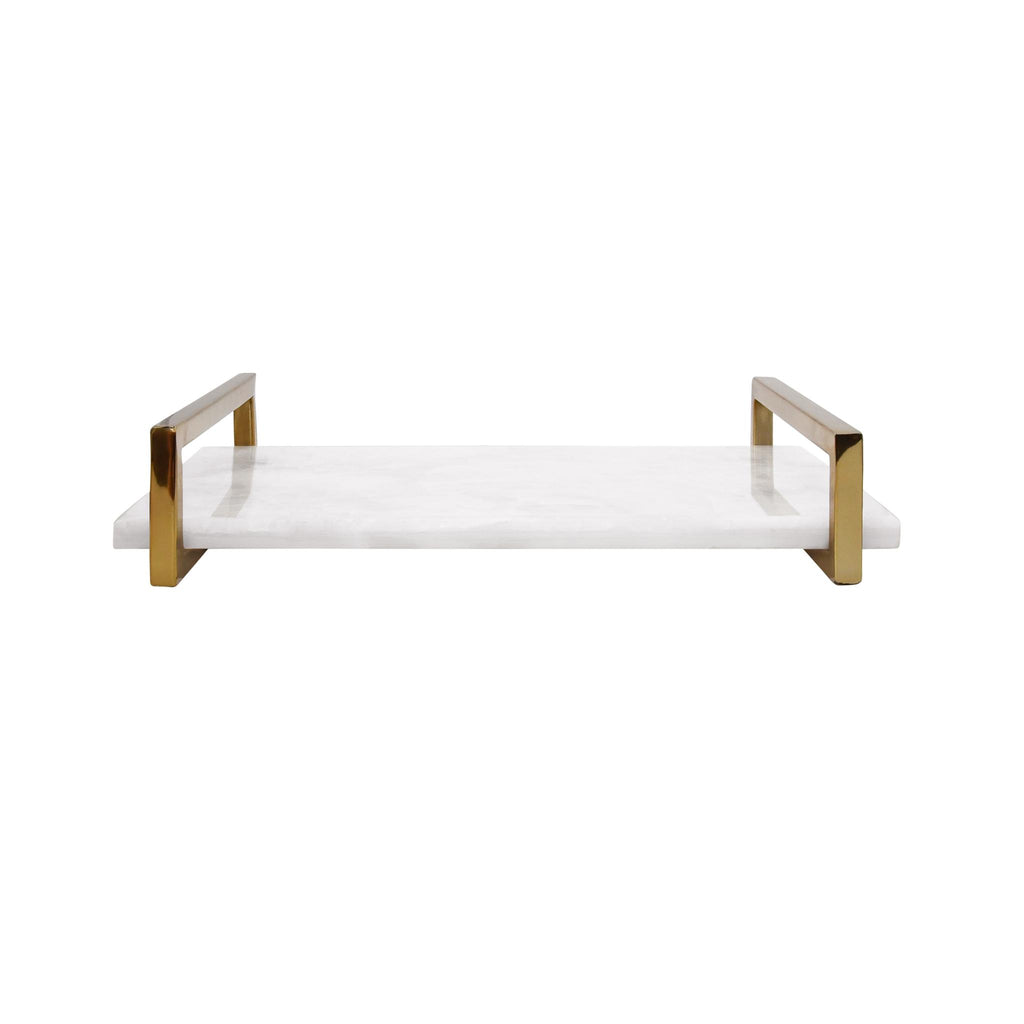 Worlds Away WHITE QUARTZ TRAY WITH BRASS HANDLES