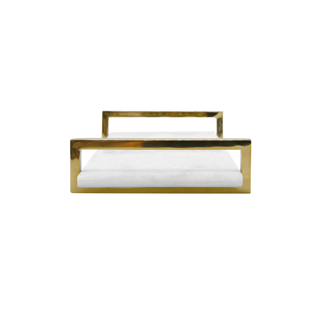 Worlds Away WHITE QUARTZ TRAY WITH BRASS HANDLES