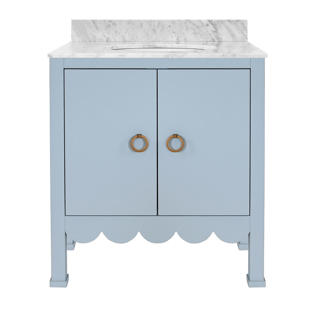 Worlds Away BATH VANITY WITH SCALLOP DETAIL IN MATTE LIGHT BLUE WITH WHITE MARBLE TOP AND PORCELAIN SINK