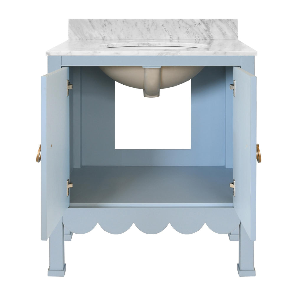 Worlds Away BATH VANITY WITH SCALLOP DETAIL IN MATTE LIGHT BLUE WITH WHITE MARBLE TOP AND PORCELAIN SINK