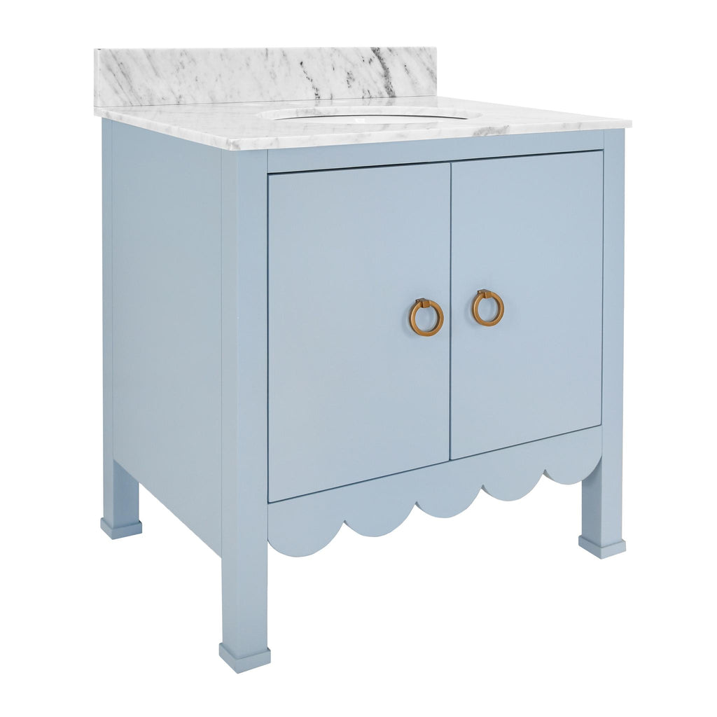 Worlds Away BATH VANITY WITH SCALLOP DETAIL IN MATTE LIGHT BLUE WITH WHITE MARBLE TOP AND PORCELAIN SINK