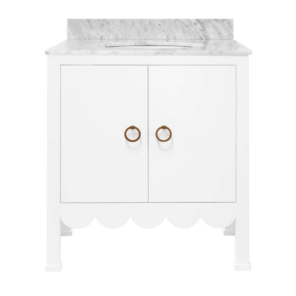 Worlds Away BATH VANITY WITH SCALLOP DETAIL IN MATTE WHITE LACQUER WITH WHITE MARBLE TOP AND PORCELAIN SINK