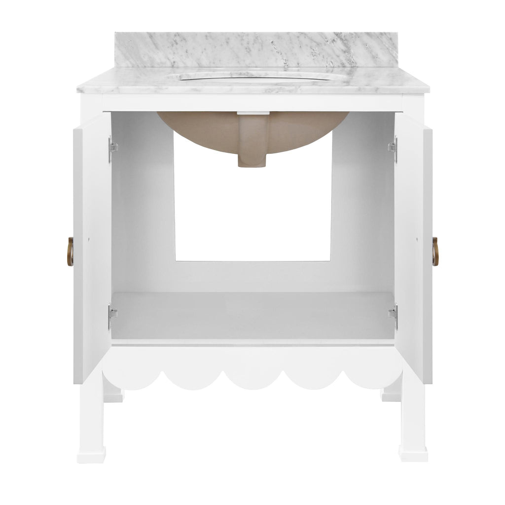 Worlds Away BATH VANITY WITH SCALLOP DETAIL IN MATTE WHITE LACQUER WITH WHITE MARBLE TOP AND PORCELAIN SINK