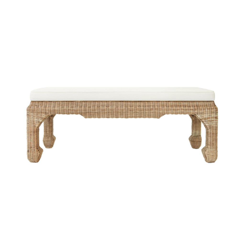 Worlds Away MING STYLE BENCH IN WOVEN RATTAN WITH IVORY LINEN CUSHION