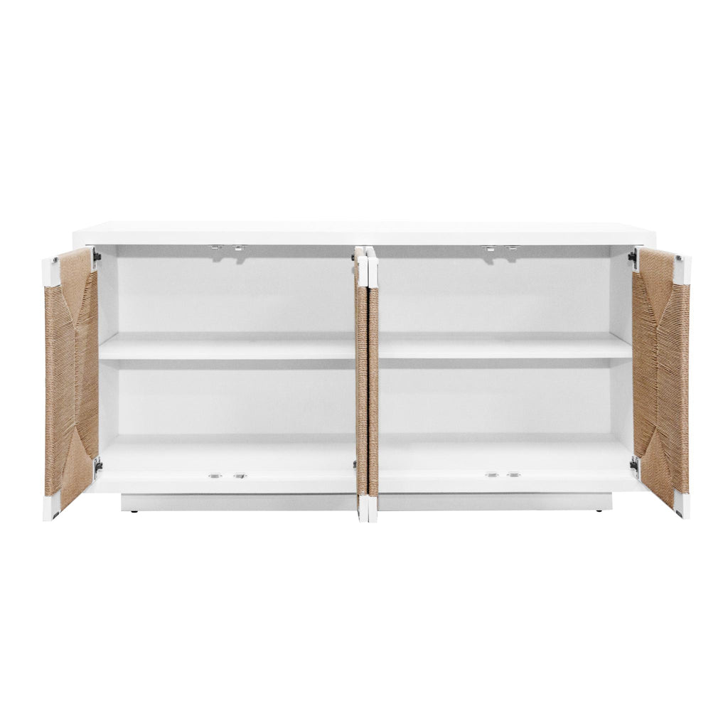 Worlds Away FOUR DOOR CABINET WITH RUSH FRONT DOOR IN WHITE LACQUER_x000D_