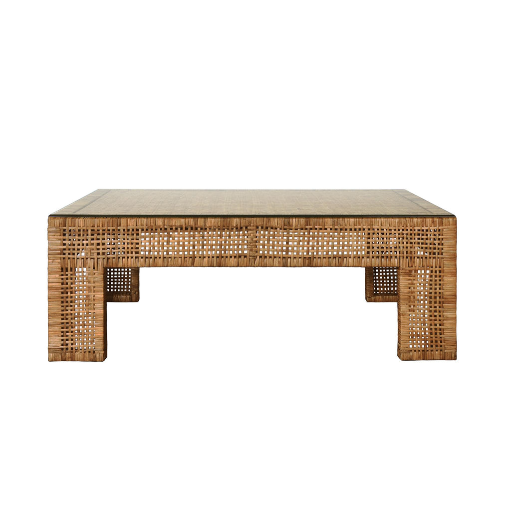 Worlds Away WIDE LEG RECTANGULAR RATTAN COFFEE TABLE WITH GLASS TOP