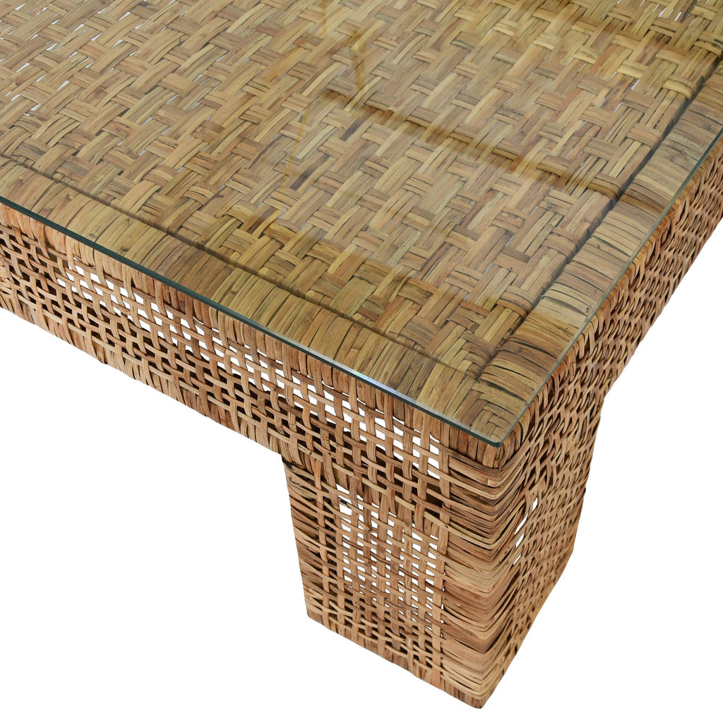 Worlds Away WIDE LEG RECTANGULAR RATTAN COFFEE TABLE WITH GLASS TOP