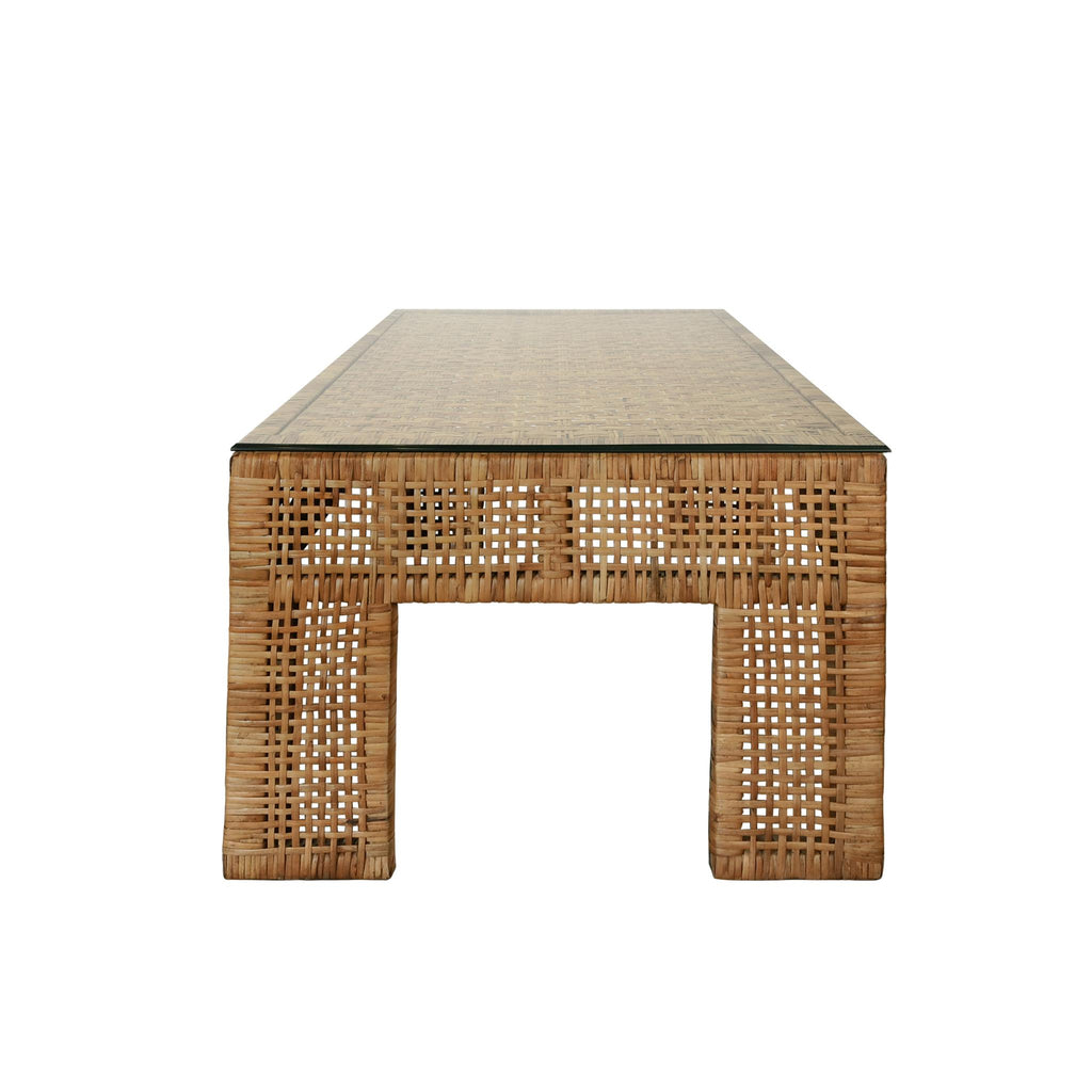 Worlds Away WIDE LEG RECTANGULAR RATTAN COFFEE TABLE WITH GLASS TOP