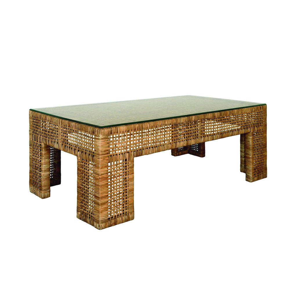 Worlds Away WIDE LEG RECTANGULAR RATTAN COFFEE TABLE WITH GLASS TOP