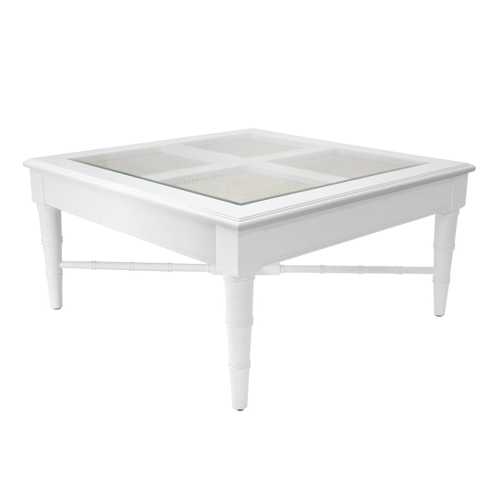 Worlds Away SQUARE COFFEE TABLE WITH INSET CANE TOP AND FAUX BAMBOO LEGS IN MATTE WHITE LACQUER