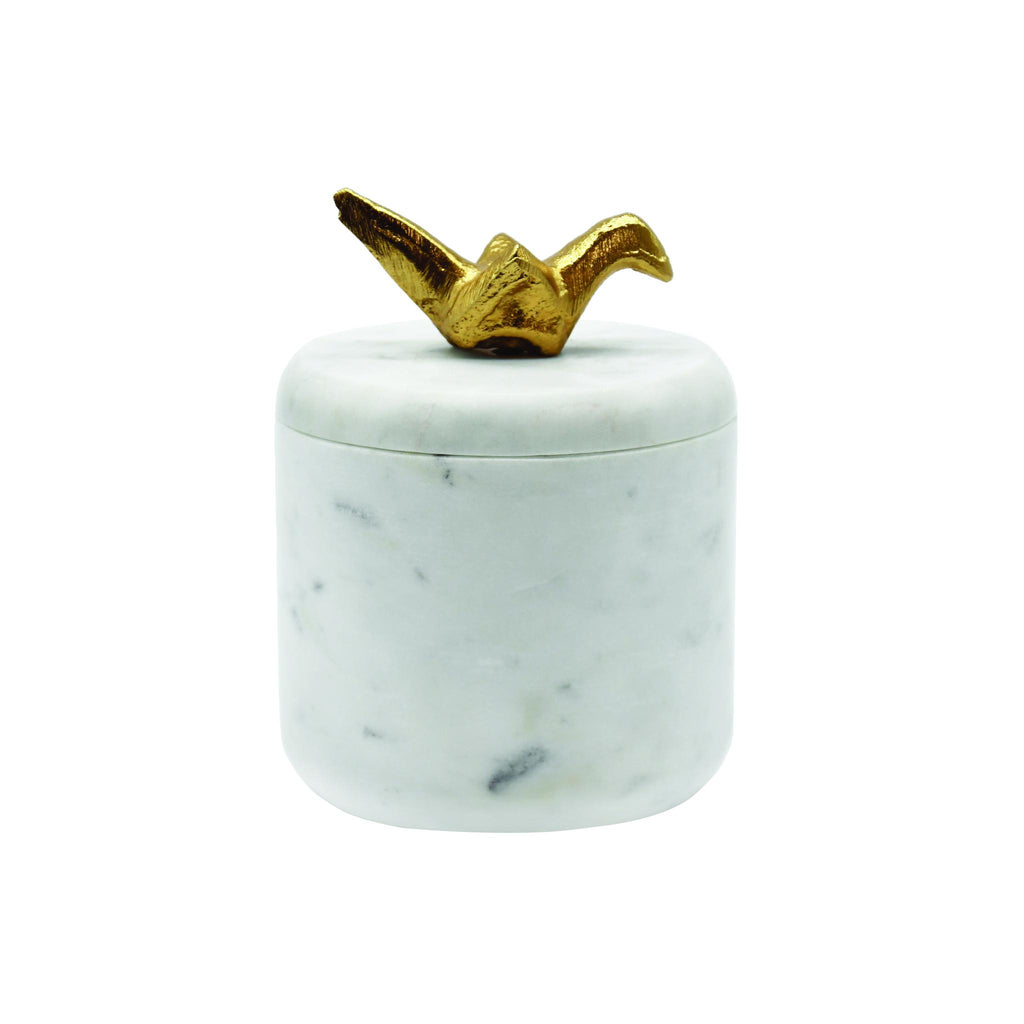 Worlds Away WHITE MARBLE CONTAINER WITH BRASS ORIGAMI BIRD