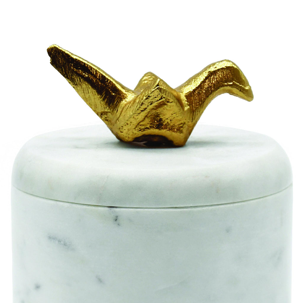 Worlds Away WHITE MARBLE CONTAINER WITH BRASS ORIGAMI BIRD