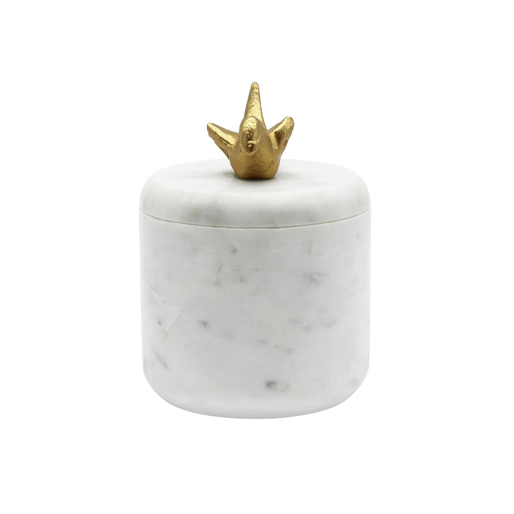 Worlds Away WHITE MARBLE CONTAINER WITH BRASS ORIGAMI BIRD