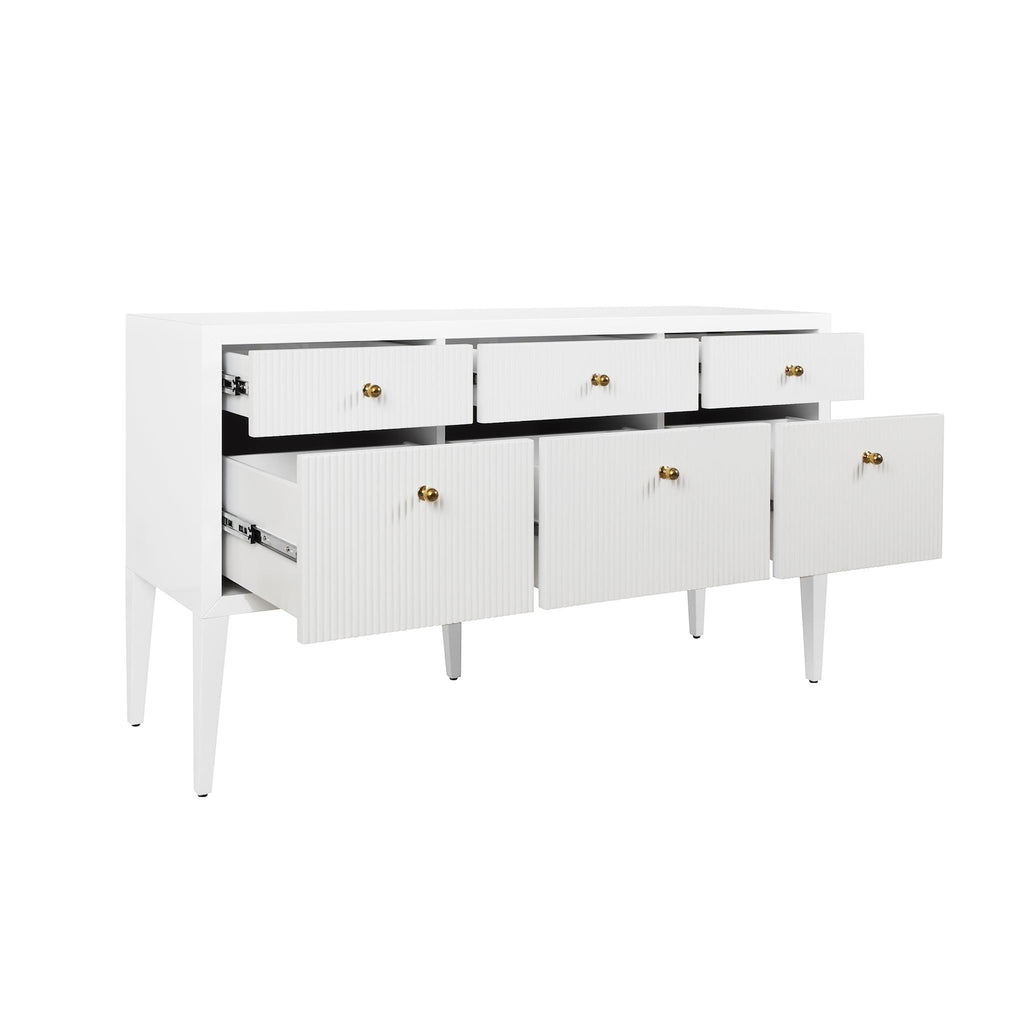 Worlds Away FLUTED SIX DRAWER BUFFET WITH BRASS KNOBS IN GLOSSY WHITE LACQUER