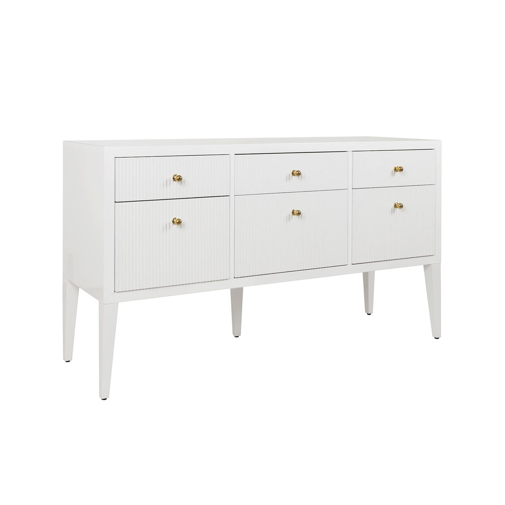 Worlds Away FLUTED SIX DRAWER BUFFET WITH BRASS KNOBS IN GLOSSY WHITE LACQUER