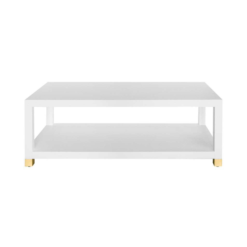 Worlds Away COFFEE TABLE WITH ANTIQUE BRASS FOOT CAPS IN MATTE WHITE LACQUER