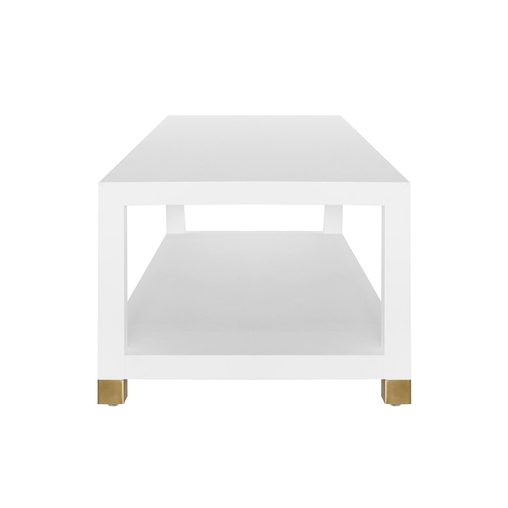 Worlds Away COFFEE TABLE WITH ANTIQUE BRASS FOOT CAPS IN MATTE WHITE LACQUER