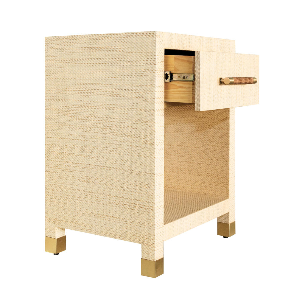 Worlds Away ONE DRAWER SIDE TABLE WITH RATTAN WRAPPED HANDLE IN NATURAL GRASSCLOTH