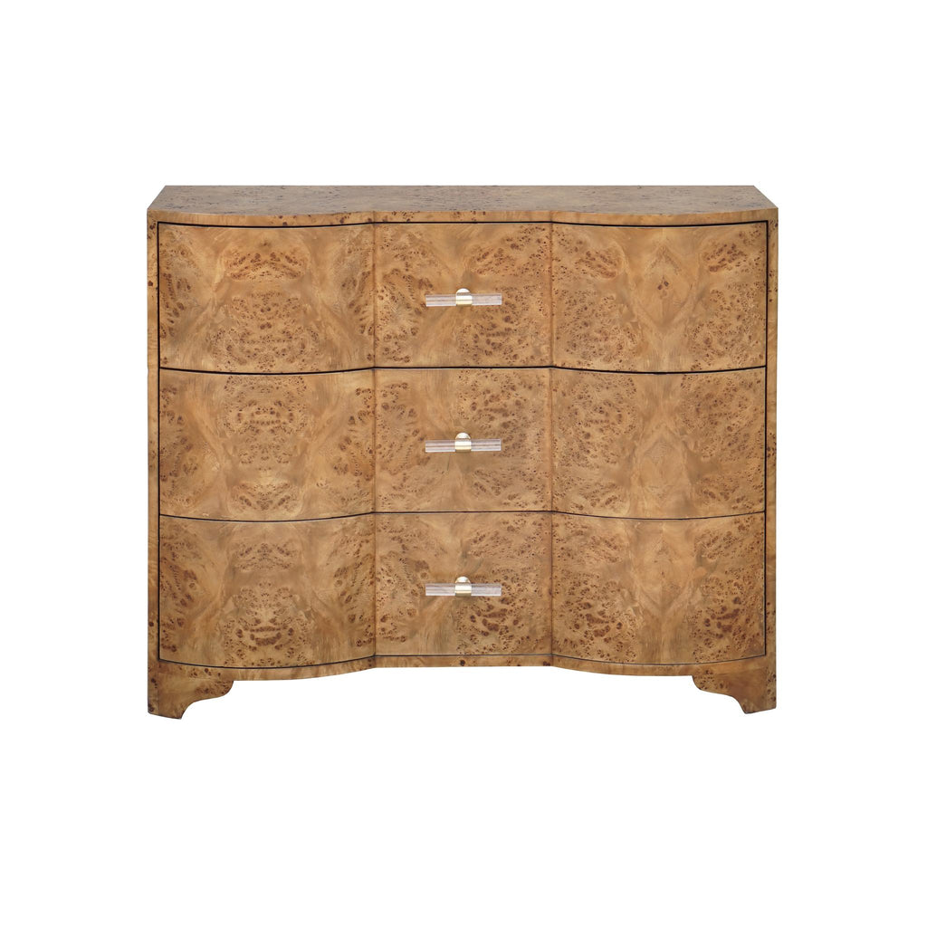 Worlds Away 3 DRAWER CHEST IN DARK BURL WOOD WITH ACRYLIC HARDWARE