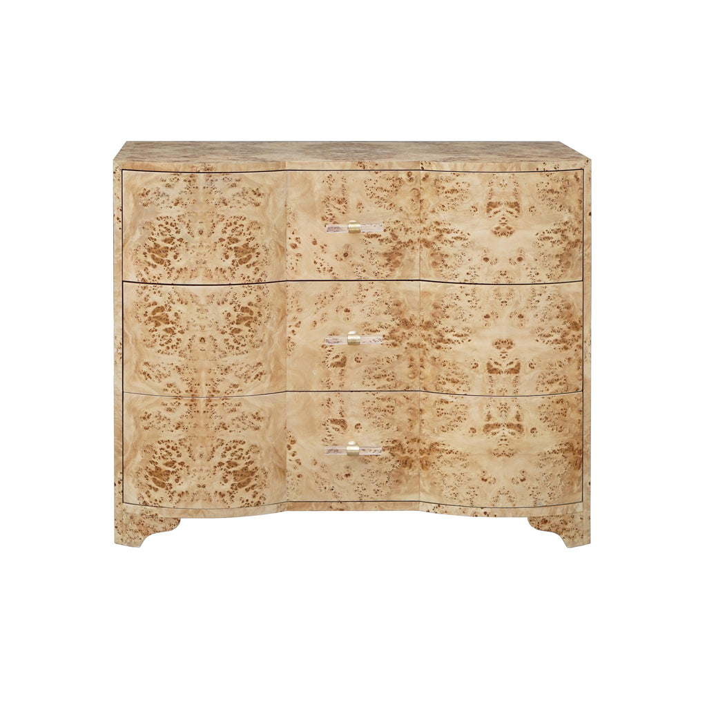 Worlds Away THREE DRAWER CHEST IN BURL WOOD WITH ACRYLIC HARDWARE