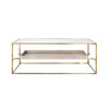 Worlds Away Glass Top Antique Brass Coffee Table With Floating Shelf In Cerused Oak