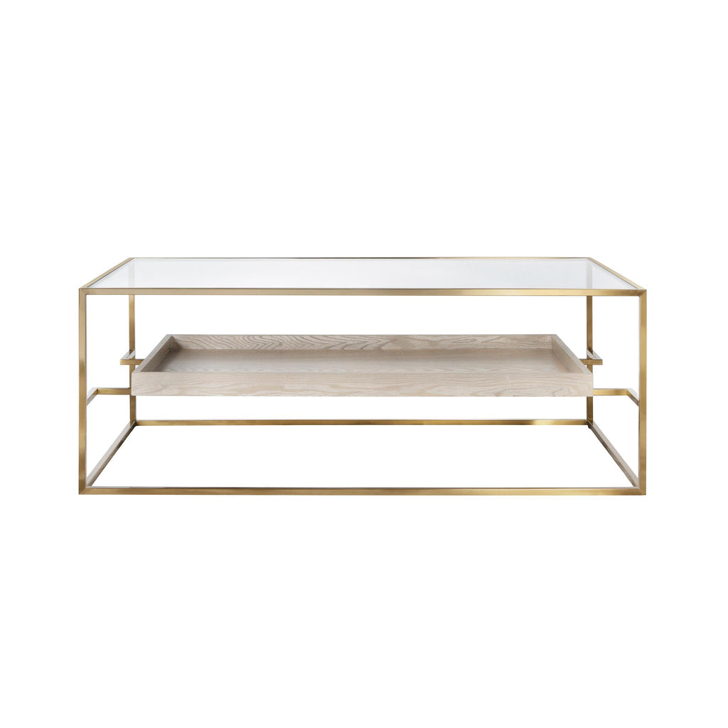 Worlds Away GLASS TOP ANTIQUE BRASS COFFEE TABLE WITH FLOATING SHELF IN CERUSED OAK