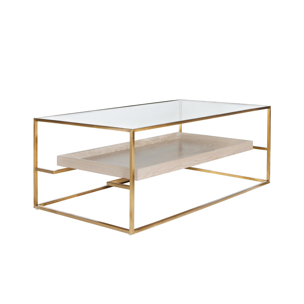 Worlds Away GLASS TOP ANTIQUE BRASS COFFEE TABLE WITH FLOATING SHELF IN CERUSED OAK