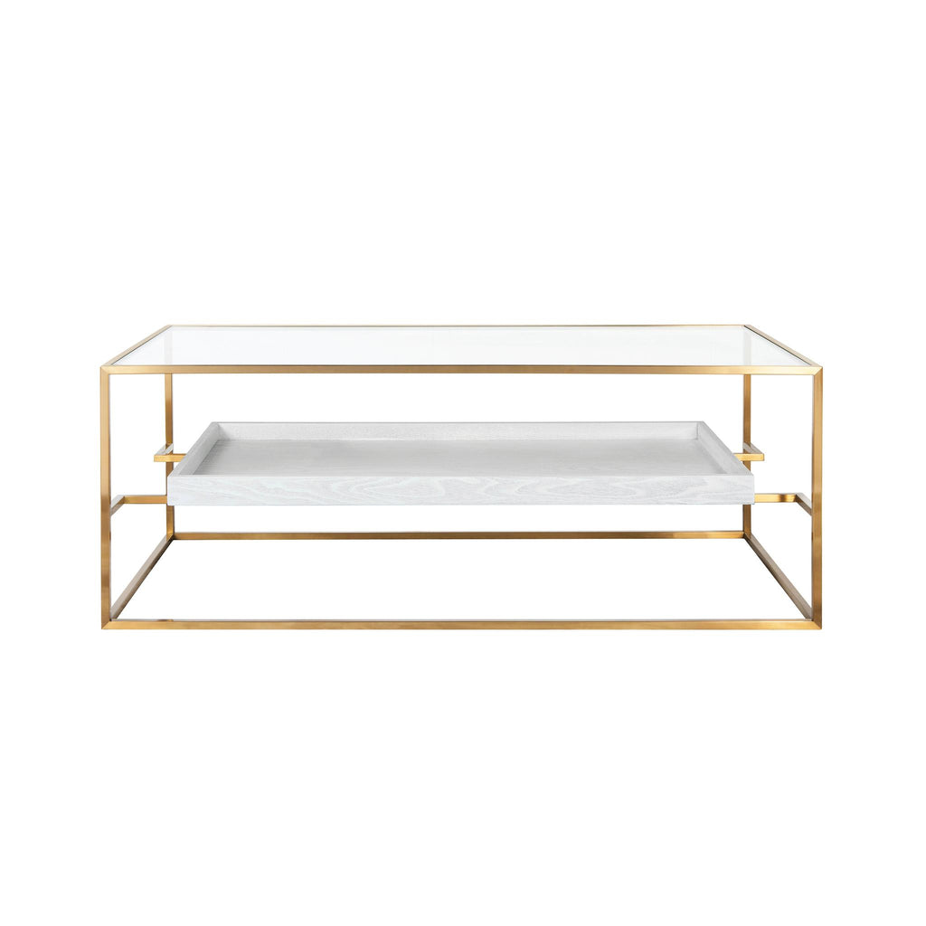 Worlds Away GLASS TOP ANTIQUE BRASS COFFEE TABLE WITH FLOATING SHELF IN WHITE WASHED OAK