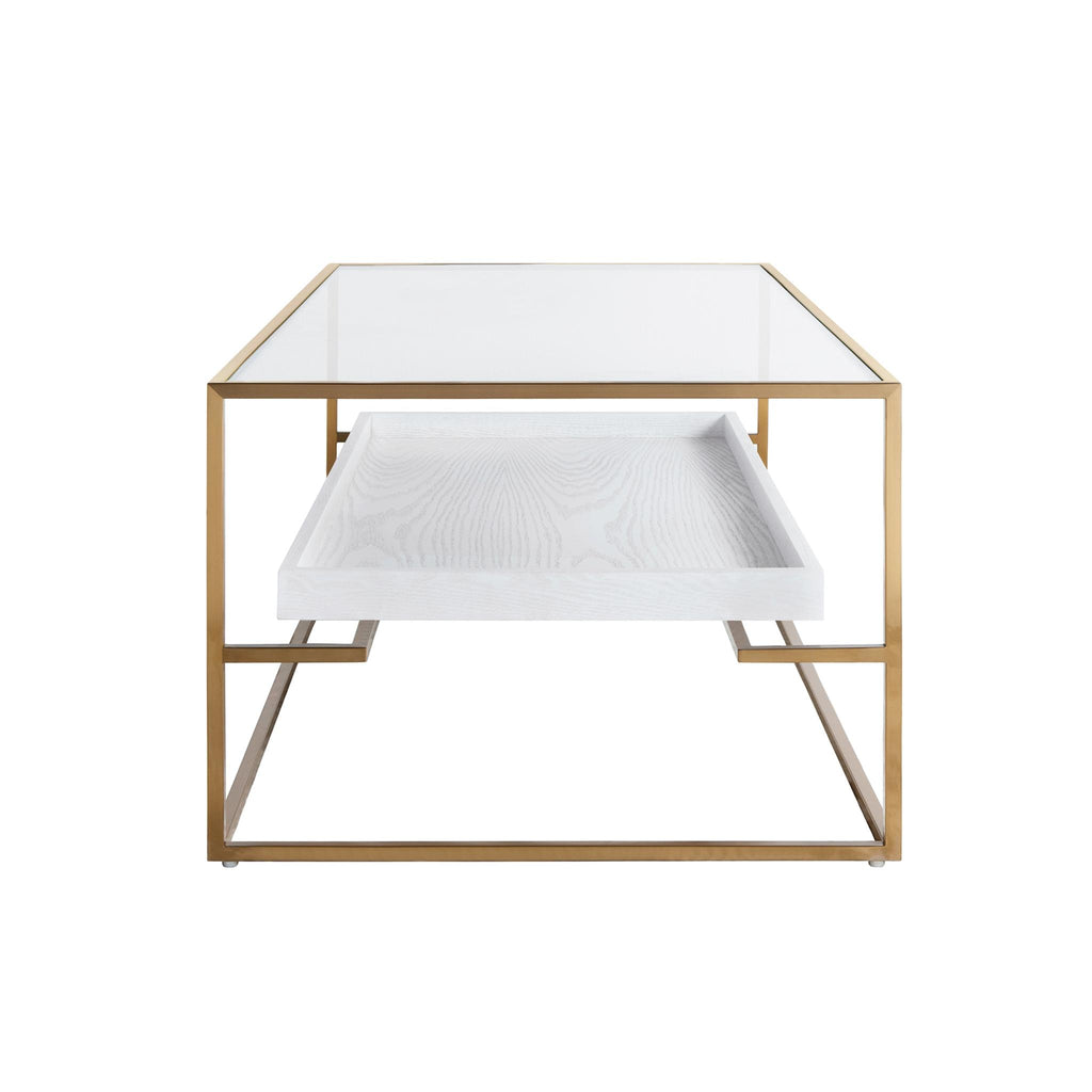 Worlds Away GLASS TOP ANTIQUE BRASS COFFEE TABLE WITH FLOATING SHELF IN WHITE WASHED OAK