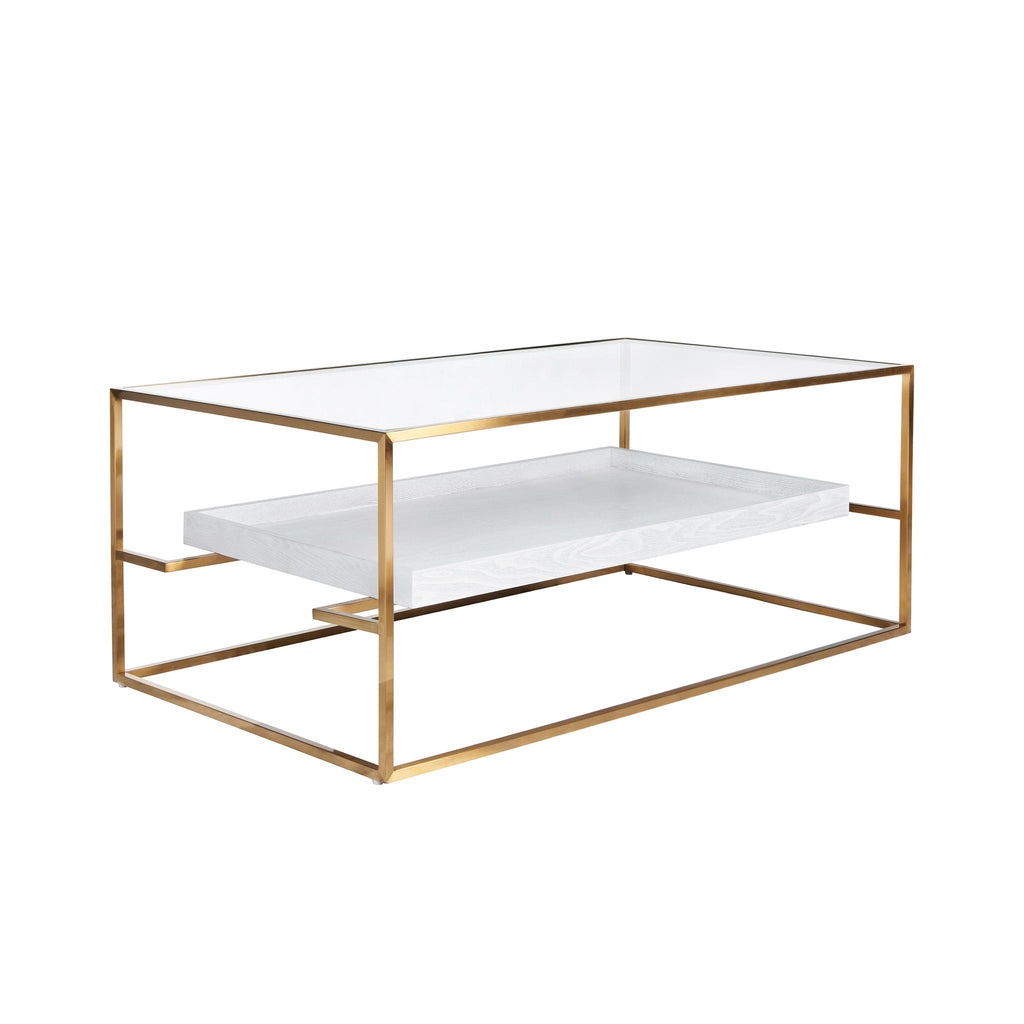 Worlds Away GLASS TOP ANTIQUE BRASS COFFEE TABLE WITH FLOATING SHELF IN WHITE WASHED OAK