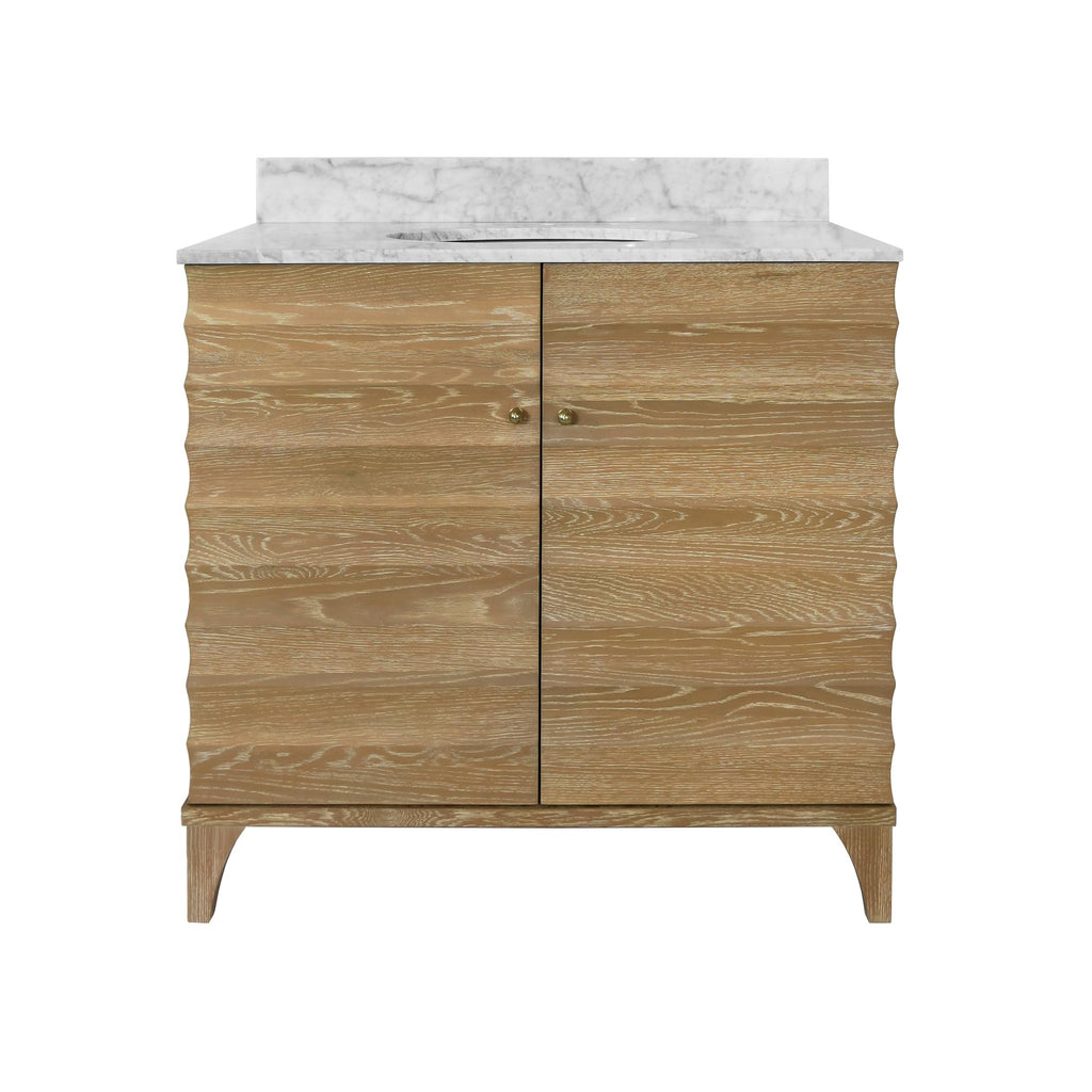 Worlds Away BATH VANITY WITH HORIZONTAL FLUTED DETAIL IN CERUSED OAK WITH WHITE MARBLE TOP, PORCELAIN SINK, AND POLISHED BRASS KNOBS