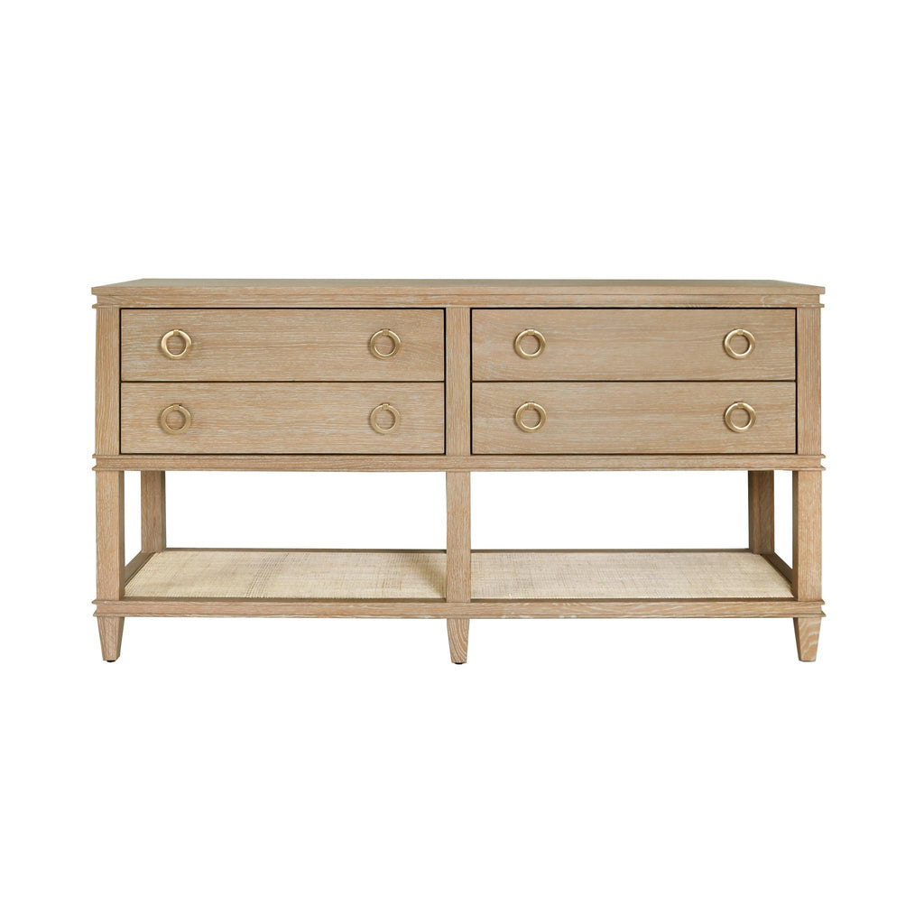 Worlds Away FOUR DRAWER CONSOLE WITH OPEN CANE SHELF IN CERUSED OAK