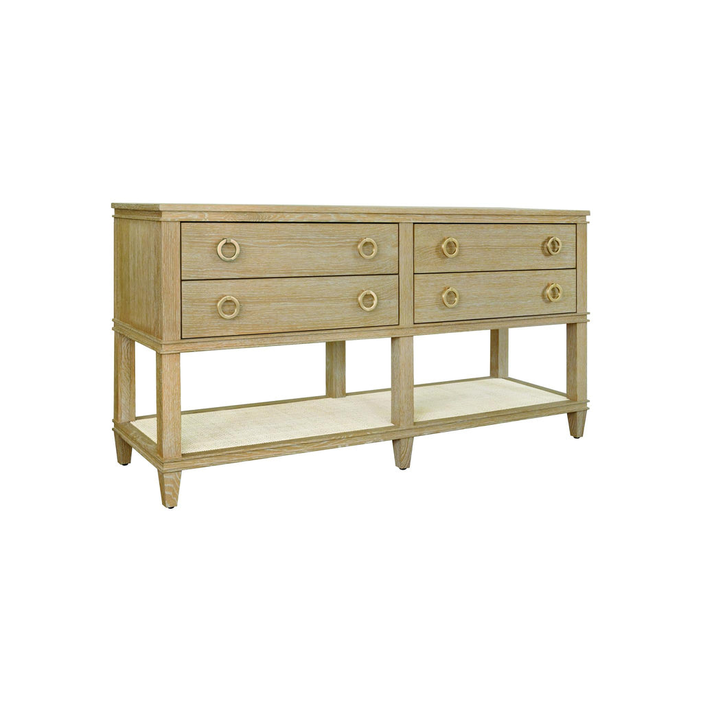 Worlds Away FOUR DRAWER CONSOLE WITH OPEN CANE SHELF IN CERUSED OAK