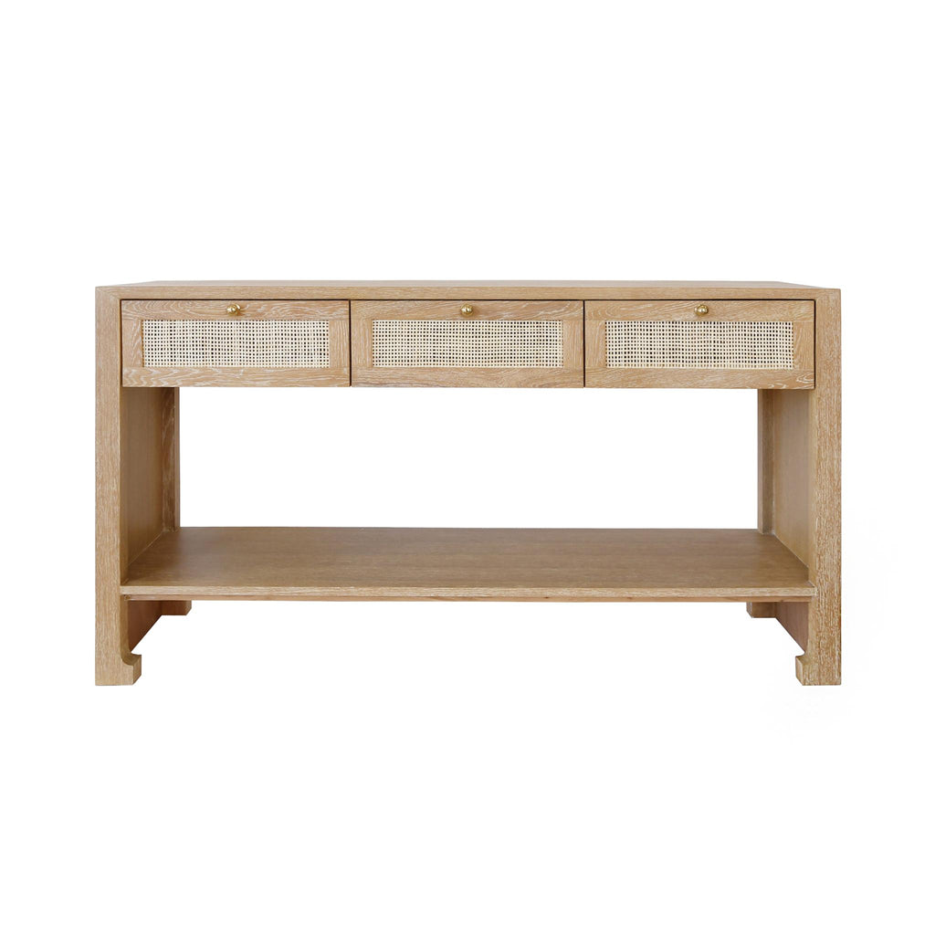 Worlds Away THREE DRAWER CANE CONSOLE WITH BRASS HARDWARE IN CERUSED OAK