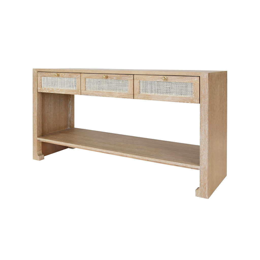 Worlds Away THREE DRAWER CANE CONSOLE WITH BRASS HARDWARE IN CERUSED OAK