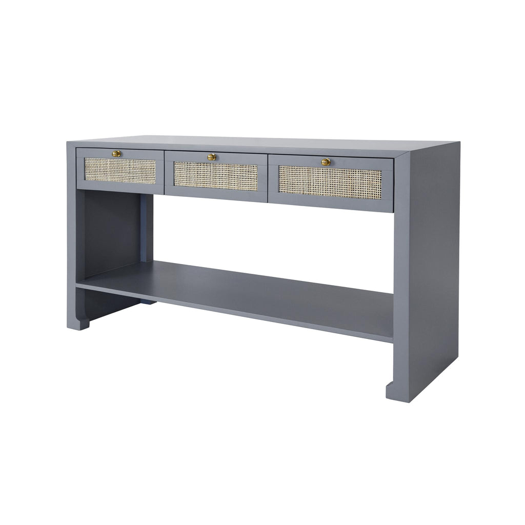 Worlds Away THREE DRAWER CANE CONSOLE WITH BRASS HARDWARE IN MATTE DARK GREY LACQUER