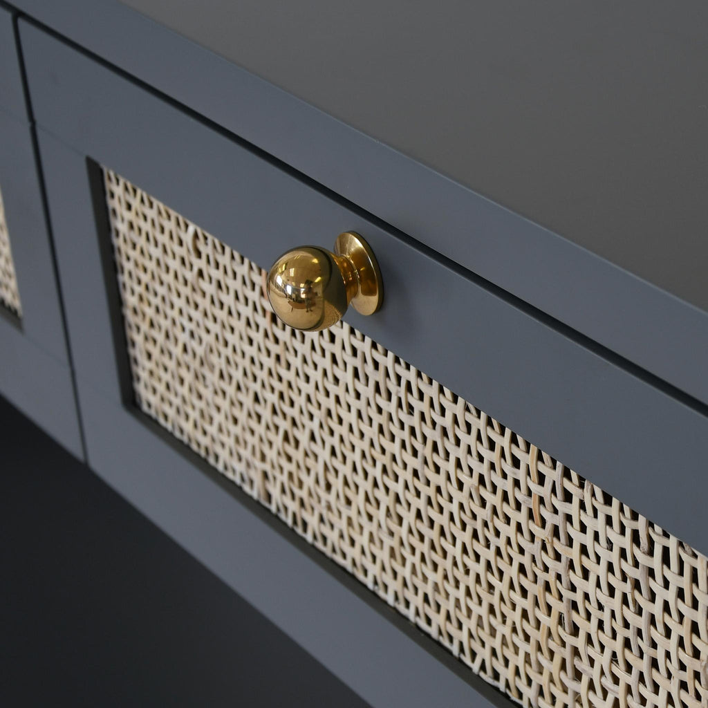 Worlds Away THREE DRAWER CANE CONSOLE WITH BRASS HARDWARE IN MATTE DARK GREY LACQUER