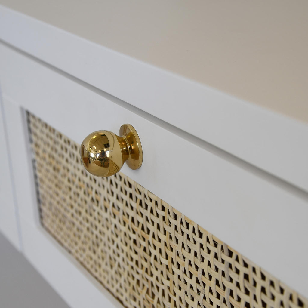 Worlds Away THREE DRAWER CANE CONSOLE WITH BRASS HARDWARE IN MATTE WHITE LACQUER