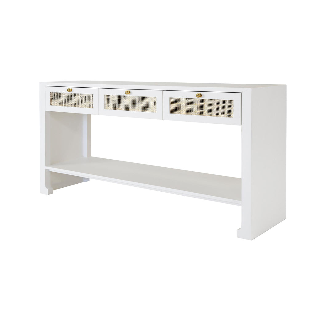 Worlds Away THREE DRAWER CANE CONSOLE WITH BRASS HARDWARE IN MATTE WHITE LACQUER